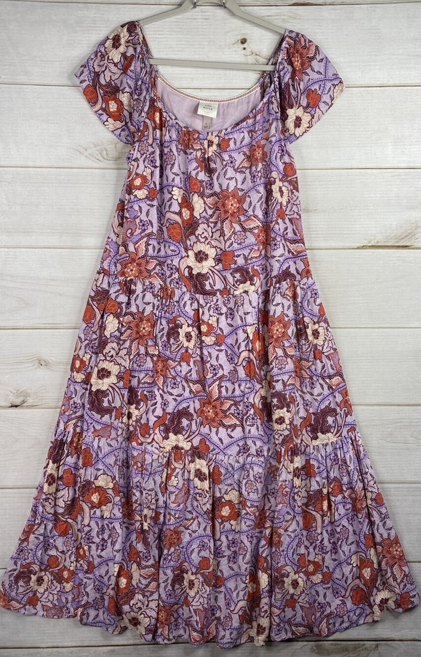 Knox Rose Maxi Dress Navy Sz S Short Sleeve Purple Floral Boho Lined Tiered